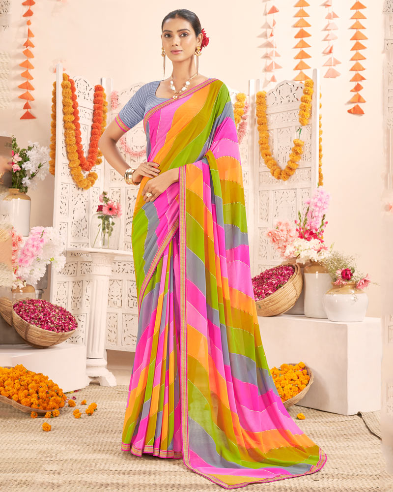 Vishal Prints Hot Pink Printed Weightless Georgette Saree With Foil Print And Zari Border