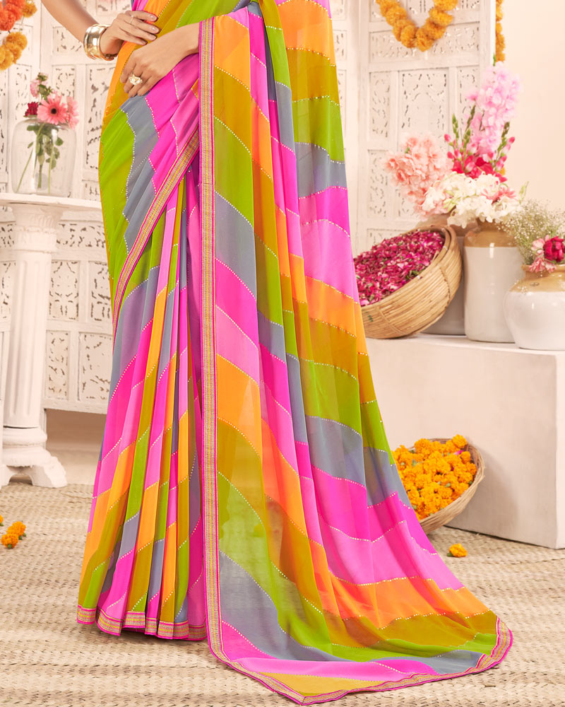 Vishal Prints Hot Pink Printed Weightless Georgette Saree With Foil Print And Zari Border