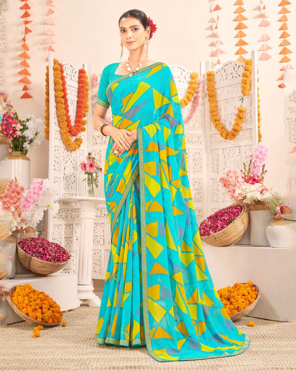 Vishal Prints Dark Turquoise Blue Printed Weightless Georgette Saree With Foil Print And Zari Border