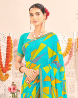 Vishal Prints Dark Turquoise Blue Printed Weightless Georgette Saree With Foil Print And Zari Border