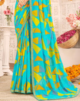 Vishal Prints Dark Turquoise Blue Printed Weightless Georgette Saree With Foil Print And Zari Border