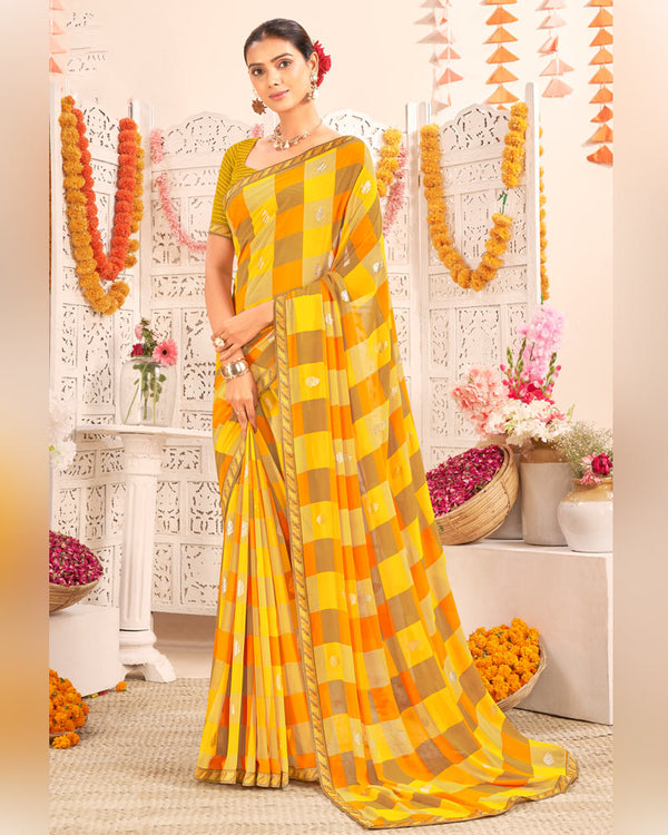 Vishal Prints Dark Mustard Printed Weightless Georgette Saree With Foil Print And Zari Border