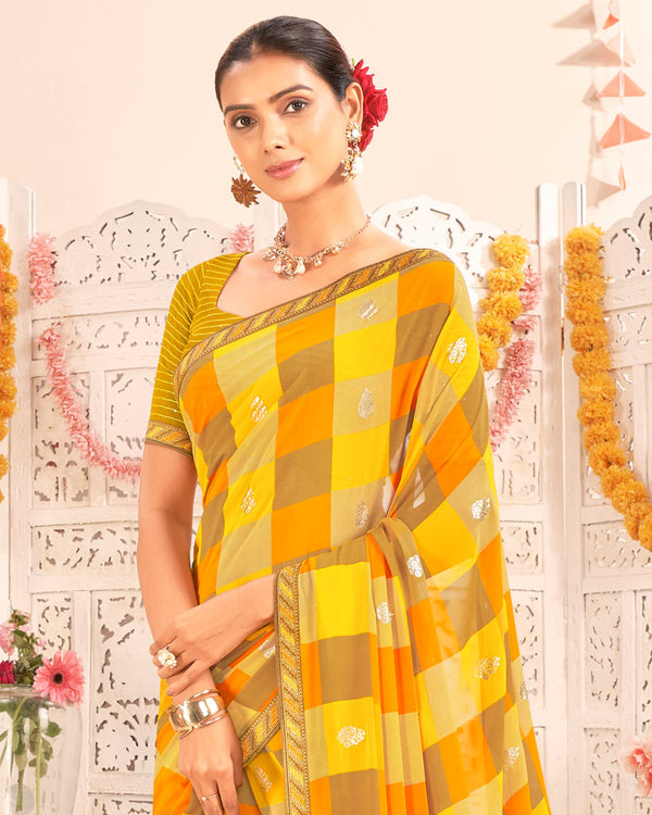 Vishal Prints Dark Mustard Printed Weightless Georgette Saree With Foil Print And Zari Border