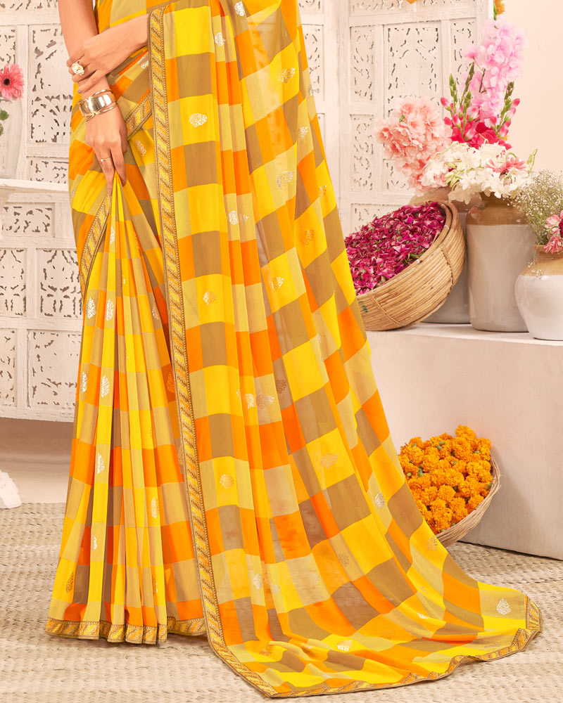 Vishal Prints Dark Mustard Printed Weightless Georgette Saree With Foil Print And Zari Border