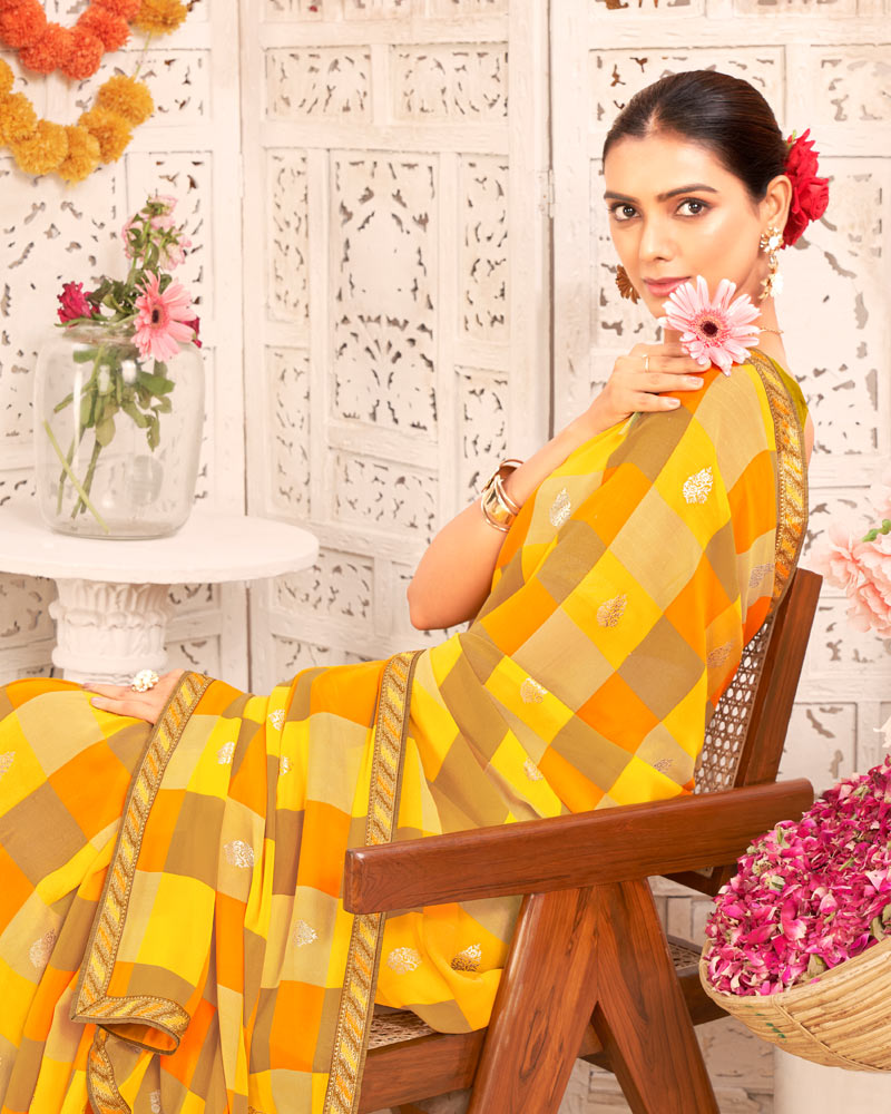 Vishal Prints Dark Mustard Printed Weightless Georgette Saree With Foil Print And Zari Border