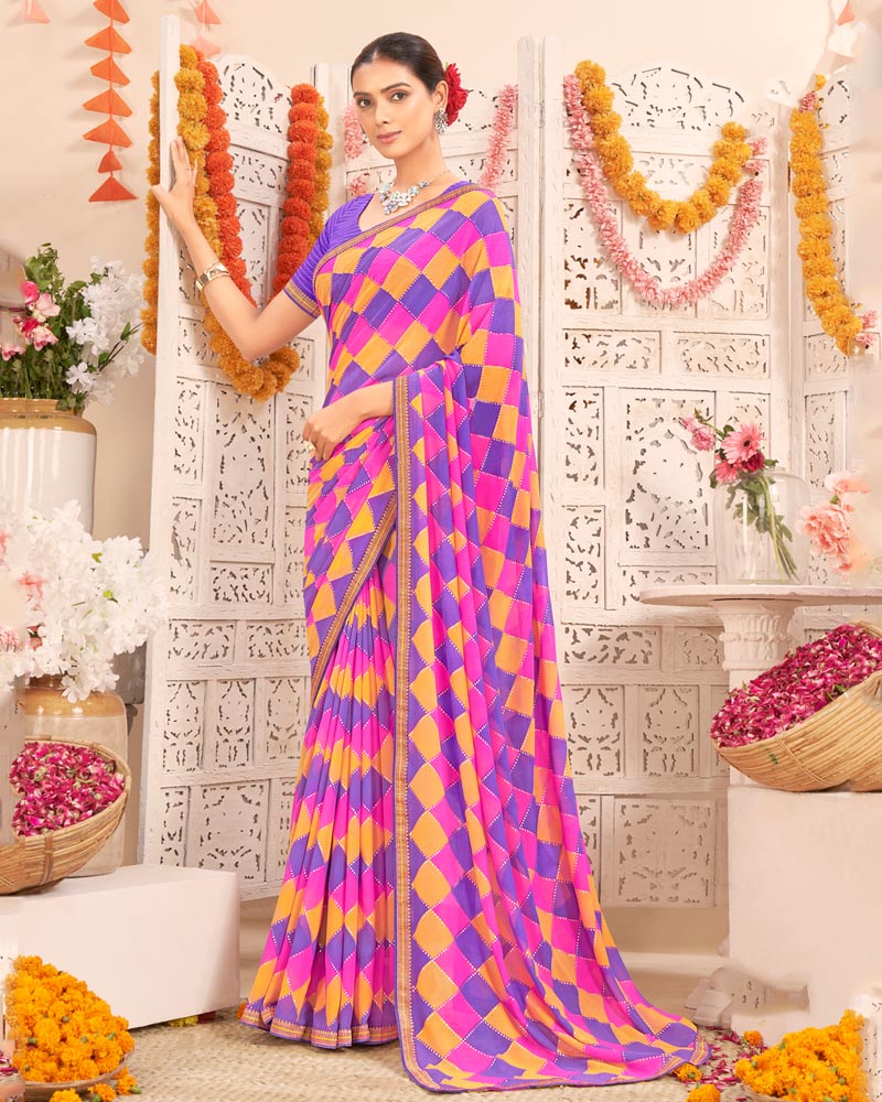 Vishal Prints Violet Printed Weightless Georgette Saree With Foil Print And Zari Border