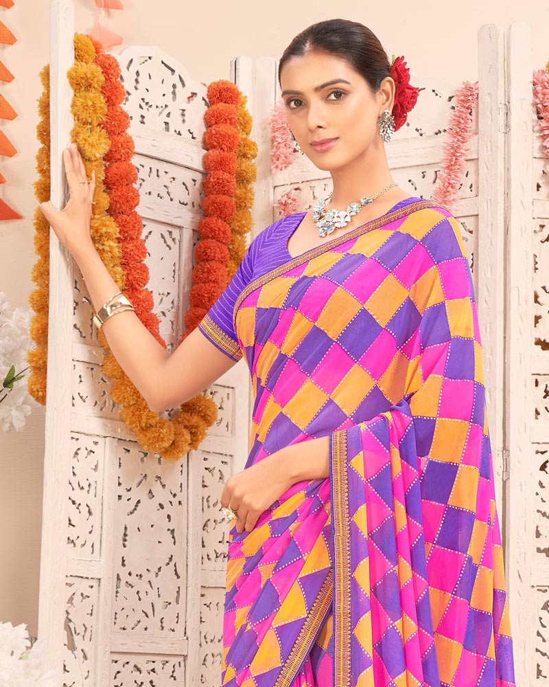 Vishal Prints Violet Printed Weightless Georgette Saree With Foil Print And Zari Border