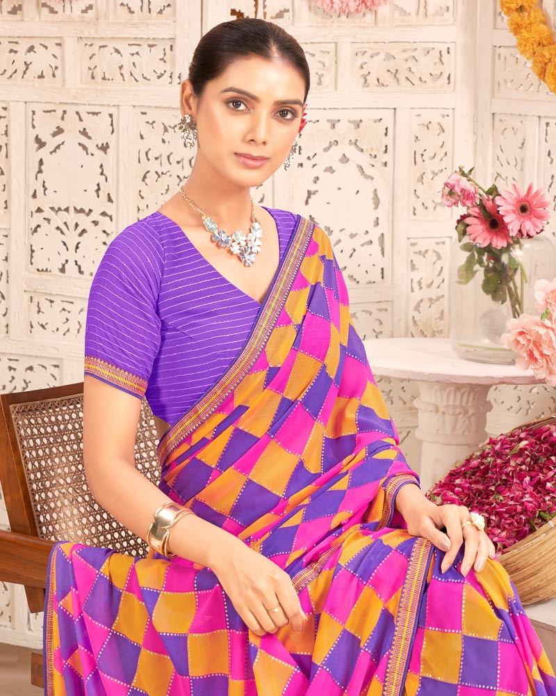 Vishal Prints Violet Printed Weightless Georgette Saree With Foil Print And Zari Border