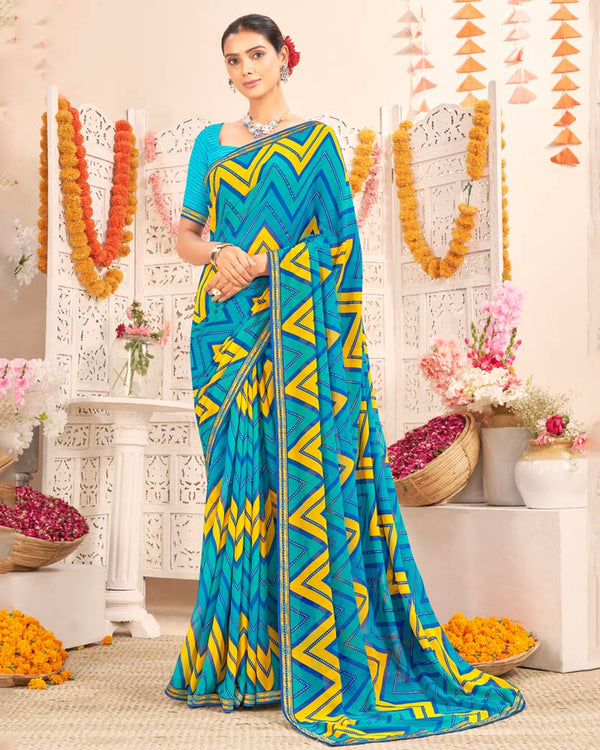 Vishal Prints Dark Teal Blue Printed Weightless Georgette Saree With Foil Print And Zari Border