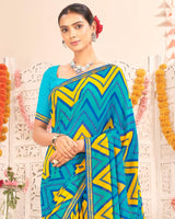 Vishal Prints Dark Teal Blue Printed Weightless Georgette Saree With Foil Print And Zari Border