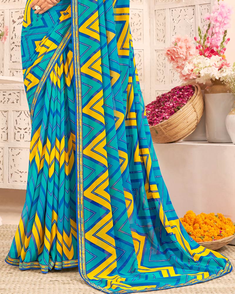 Vishal Prints Dark Teal Blue Printed Weightless Georgette Saree With Foil Print And Zari Border