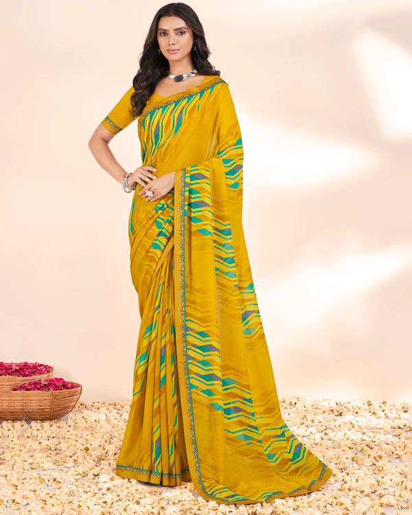 Vishal Prints Mustard Weightless Printed Georgette Saree With Fancy Border