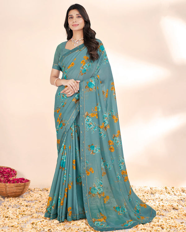 Vishal Prints Pastel Teal Green Weightless Printed Georgette Saree With Fancy Border