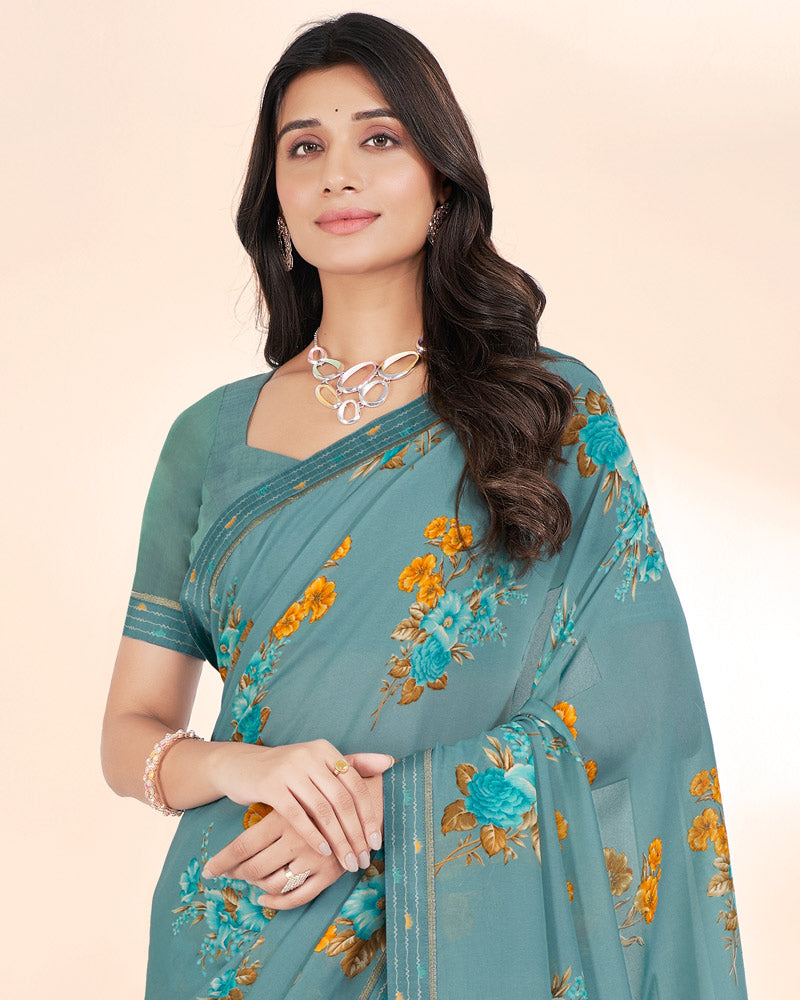 Vishal Prints Pastel Teal Green Weightless Printed Georgette Saree With Fancy Border