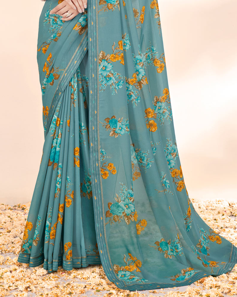 Vishal Prints Pastel Teal Green Weightless Printed Georgette Saree With Fancy Border