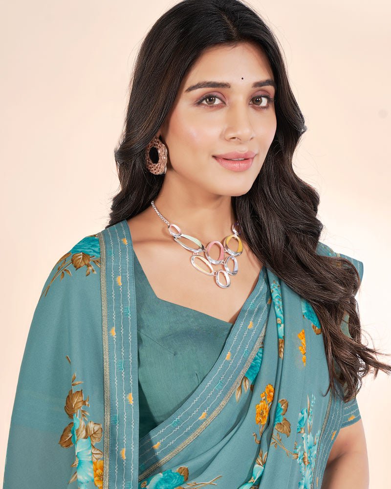 Vishal Prints Pastel Teal Green Weightless Printed Georgette Saree With Fancy Border