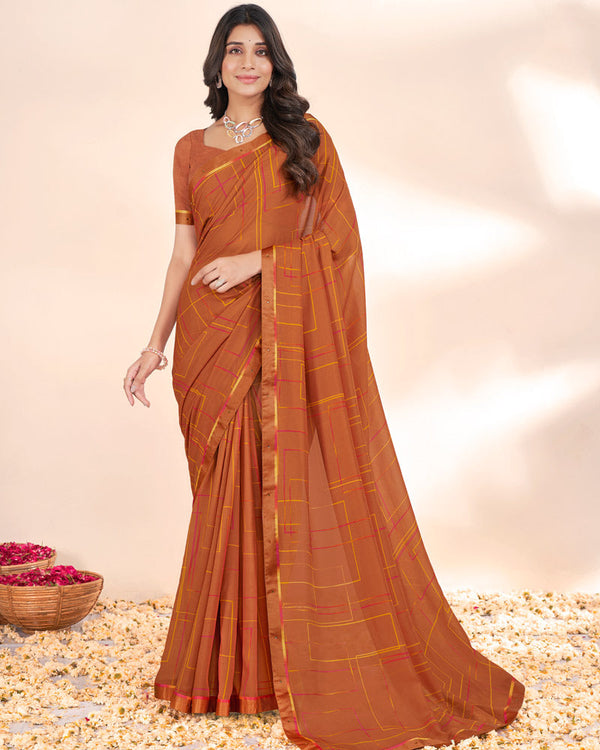 Vishal Prints Rusty Brown Weightless Printed Georgette Saree With Fancy Border