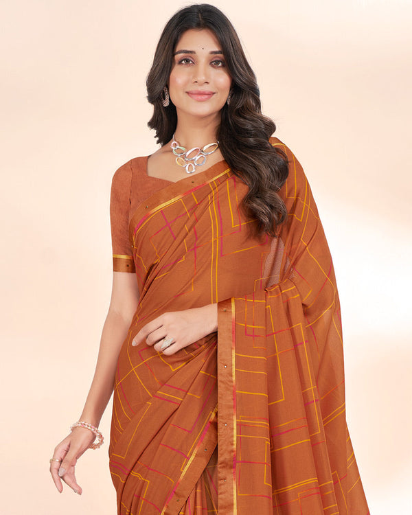 Vishal Prints Rusty Brown Weightless Printed Georgette Saree With Fancy Border