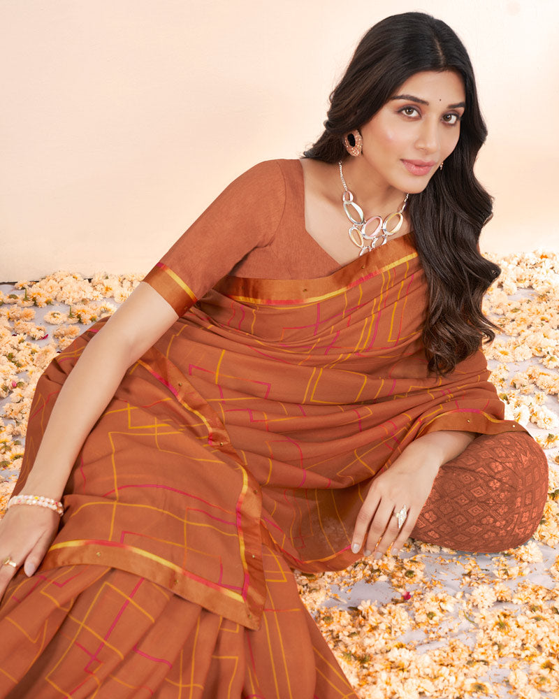 Vishal Prints Rusty Brown Weightless Printed Georgette Saree With Fancy Border