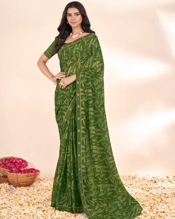 Vishal Prints Dark Olive Green Weightless Printed Georgette Saree With Fancy Border