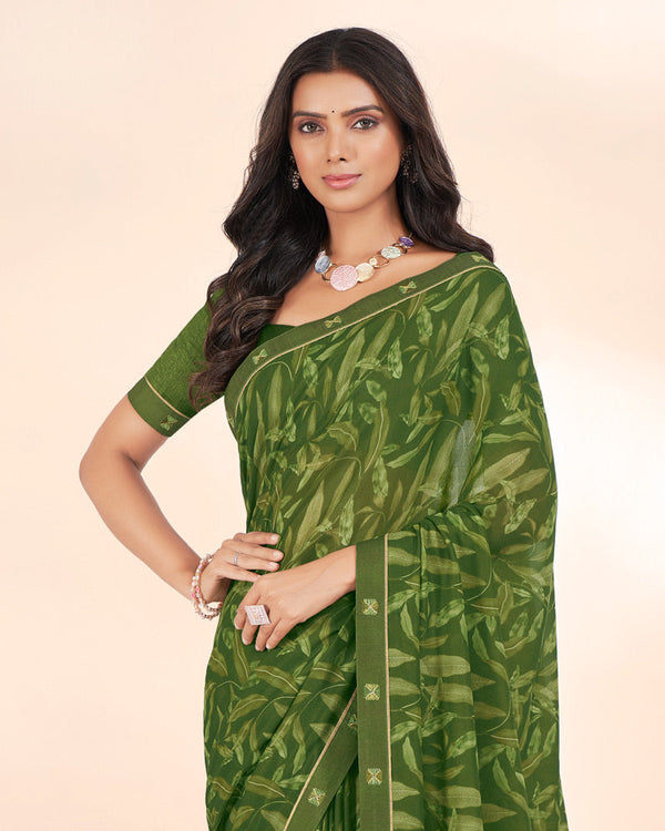 Vishal Prints Dark Olive Green Weightless Printed Georgette Saree With Fancy Border