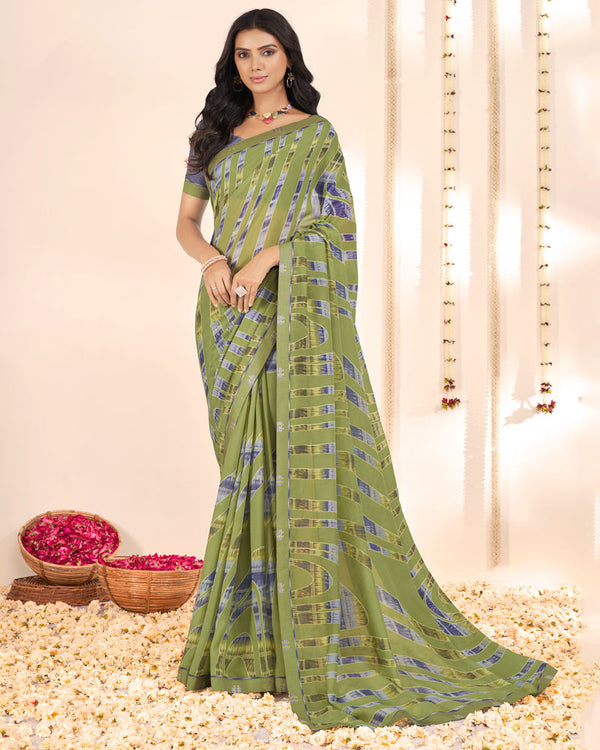 Vishal Prints Moss Green Weightless Printed Georgette Saree With Fancy Border