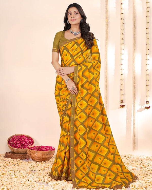 Vishal Prints Dark Mustard Weightless Printed Georgette Saree With Fancy Border