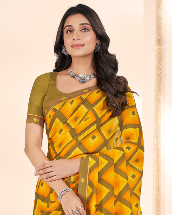 Vishal Prints Dark Mustard Weightless Printed Georgette Saree With Fancy Border