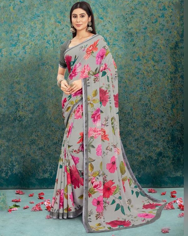 Vishal Prints Sand Grey Digital Print Criva Crepe Saree With Weaved Border