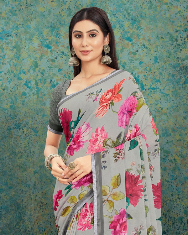 Vishal Prints Sand Grey Digital Print Criva Crepe Saree With Weaved Border