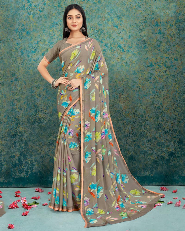 Vishal Prints Sand Grey Digital Print Criva Crepe Saree With Weaved Border