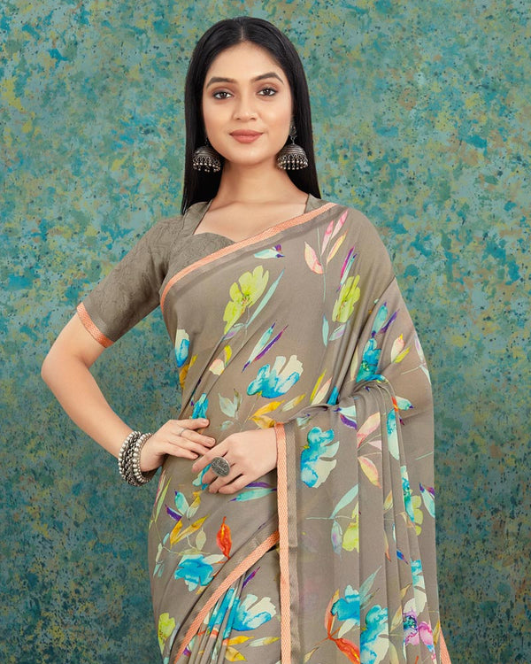 Vishal Prints Sand Grey Digital Print Criva Crepe Saree With Weaved Border