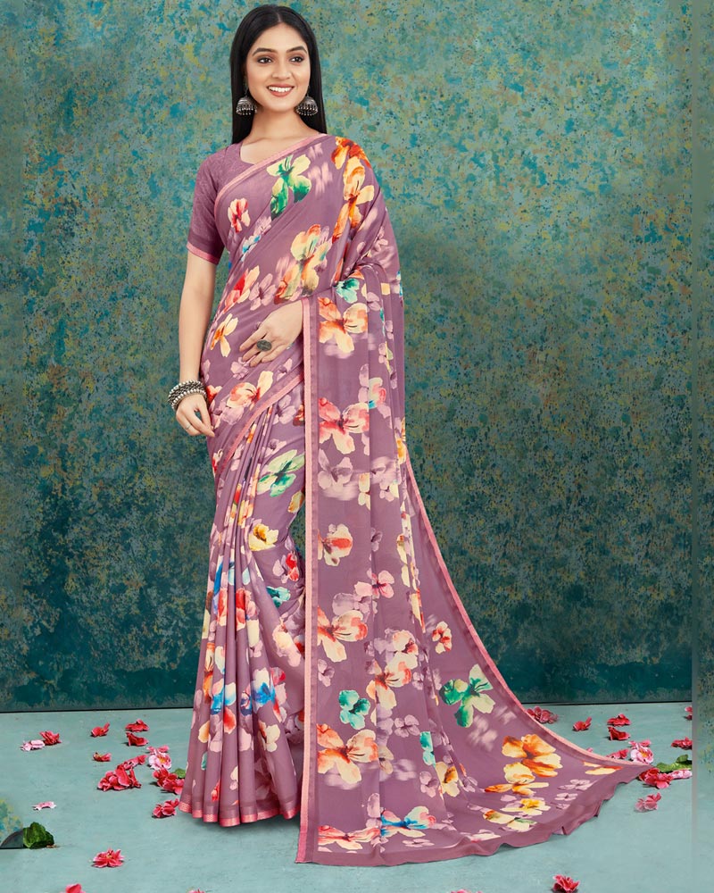 Vishal Prints Mauve Digital Print Criva Crepe Saree With Weaved Border