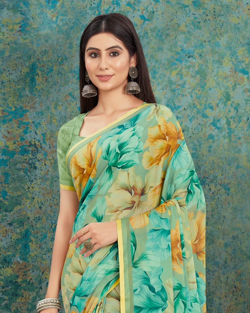 Vishal Prints Mist Green Digital Print Criva Crepe Saree With Weaved Border