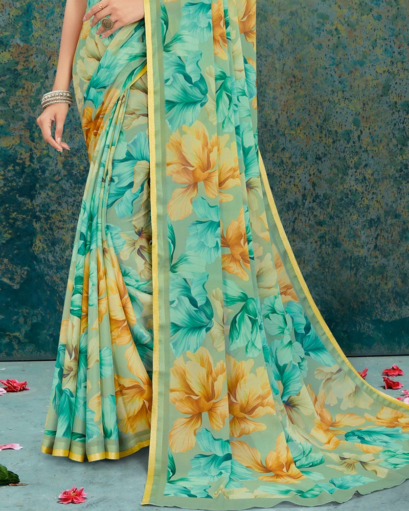 Vishal Prints Mist Green Digital Print Criva Crepe Saree With Weaved Border