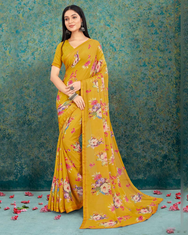 Vishal Prints Golden Yellow Digital Print Criva Crepe Saree With Weaved Border