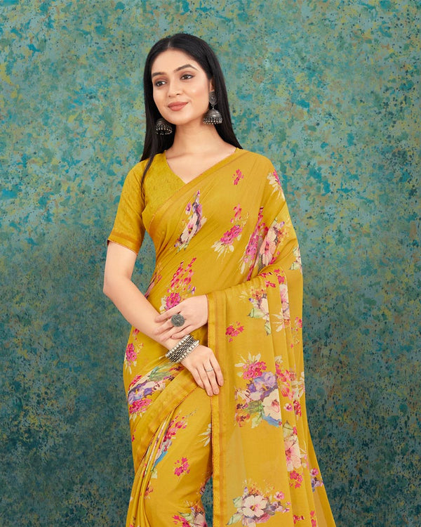 Vishal Prints Golden Yellow Digital Print Criva Crepe Saree With Weaved Border