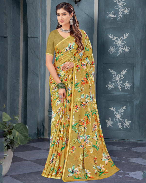 Vishal Prints Dark Mustard Digital Print Criva Crepe Saree With Weaved Viscose Border