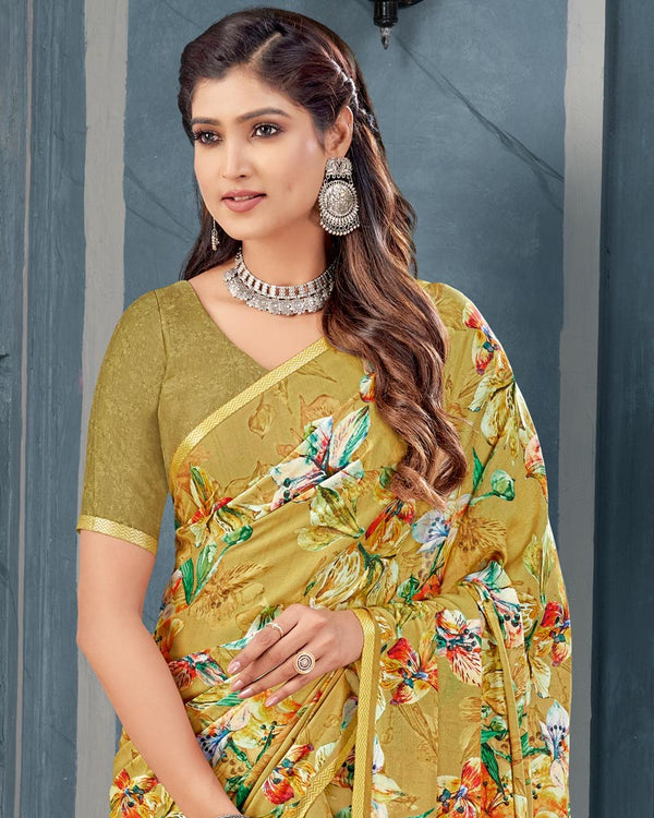 Vishal Prints Dark Mustard Digital Print Criva Crepe Saree With Weaved Viscose Border