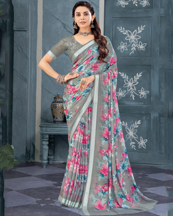 Vishal Prints Gunsmoke Grey Digital Print Criva Crepe Saree With Weaved Viscose Border