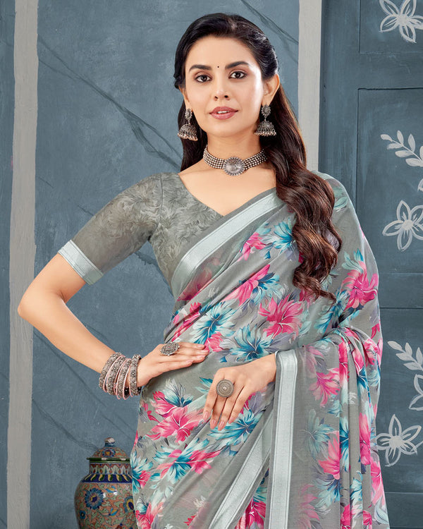 Vishal Prints Gunsmoke Grey Digital Print Criva Crepe Saree With Weaved Viscose Border