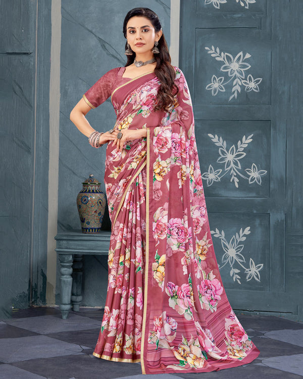 Vishal Prints Cadillac Pink Digital Print Criva Crepe Saree With Weaved Viscose Border