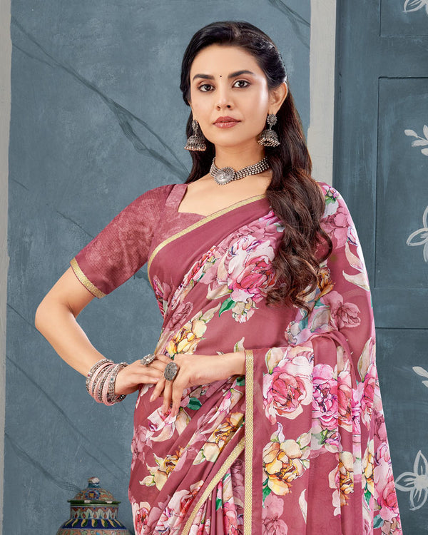 Vishal Prints Cadillac Pink Digital Print Criva Crepe Saree With Weaved Viscose Border