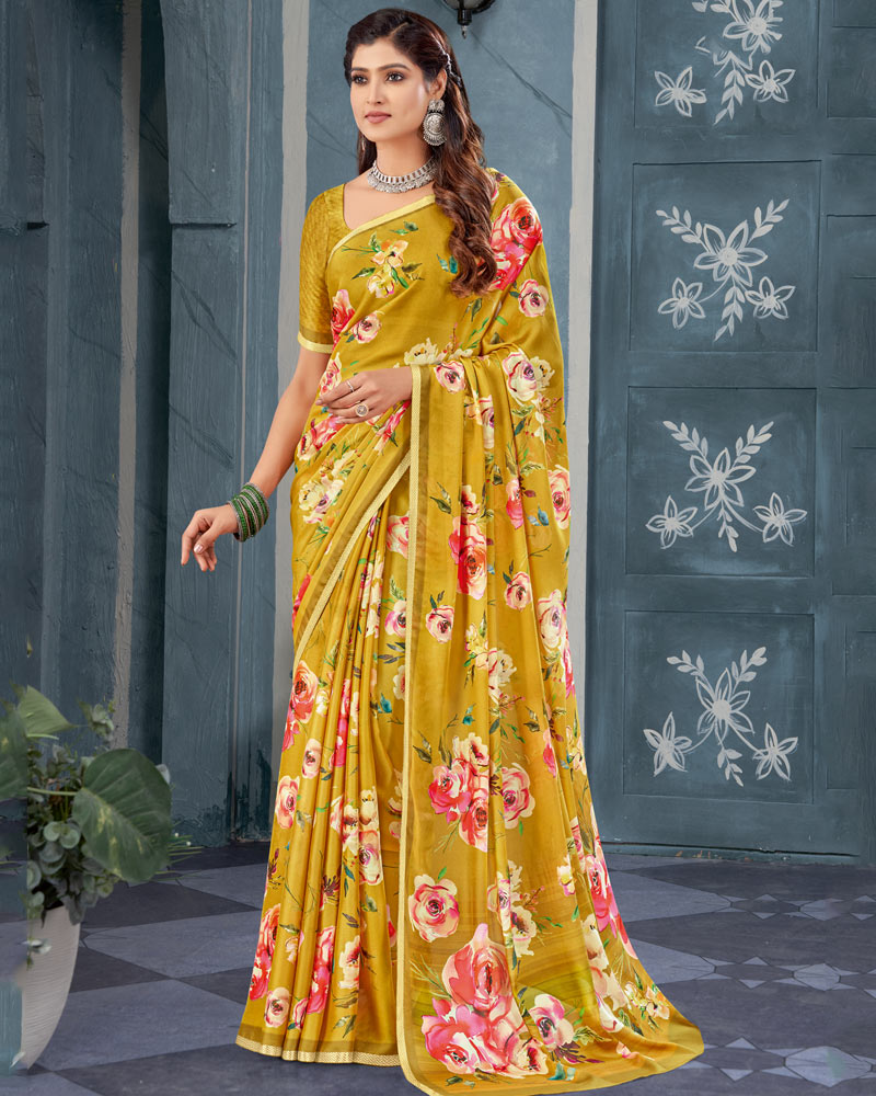 Vishal Prints Dark Mustard Digital Print Criva Crepe Saree With Weaved Viscose Border