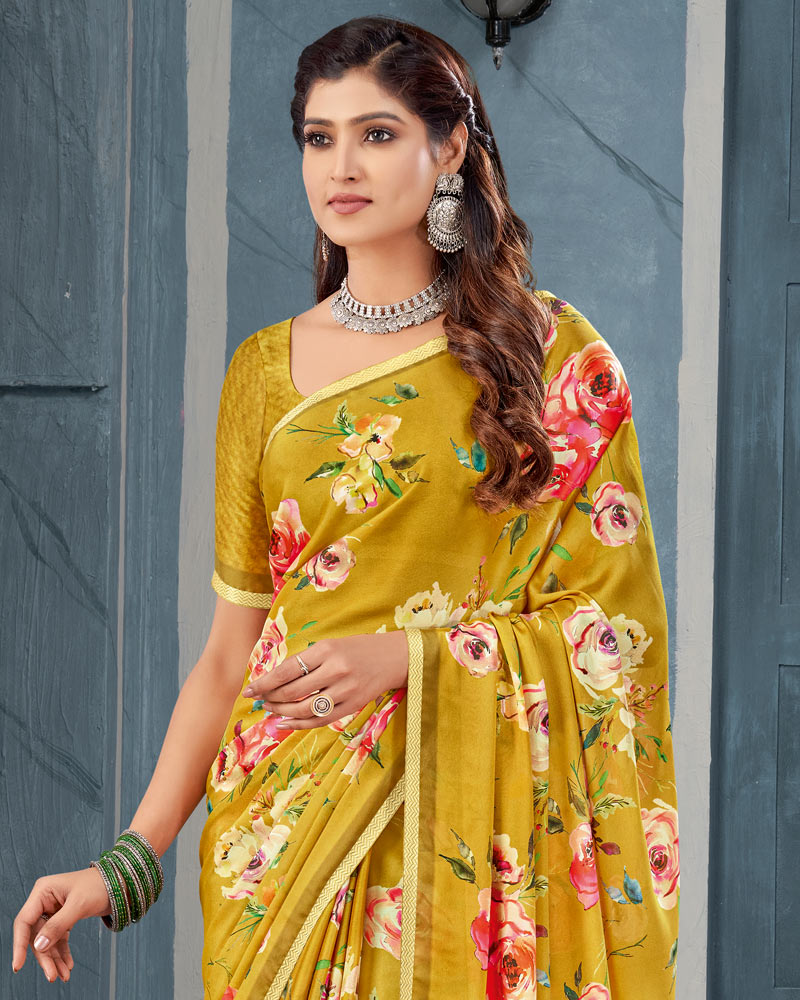 Vishal Prints Dark Mustard Digital Print Criva Crepe Saree With Weaved Viscose Border