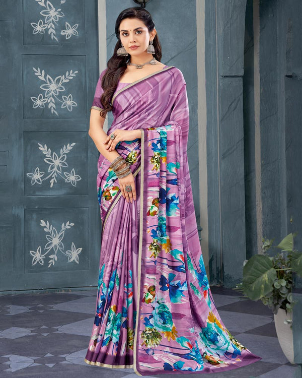 Vishal Prints Bouquet Purple Digital Print Criva Crepe Saree With Weaved Viscose Border