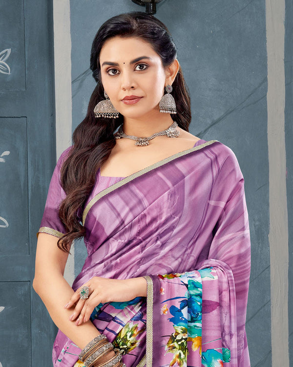 Vishal Prints Bouquet Purple Digital Print Criva Crepe Saree With Weaved Viscose Border