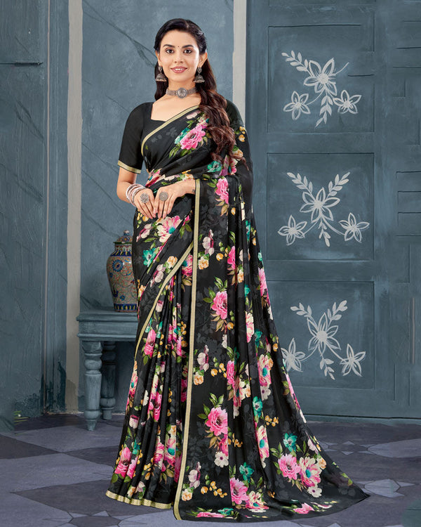 Vishal Prints Black Digital Print Criva Crepe Saree With Weaved Viscose Border