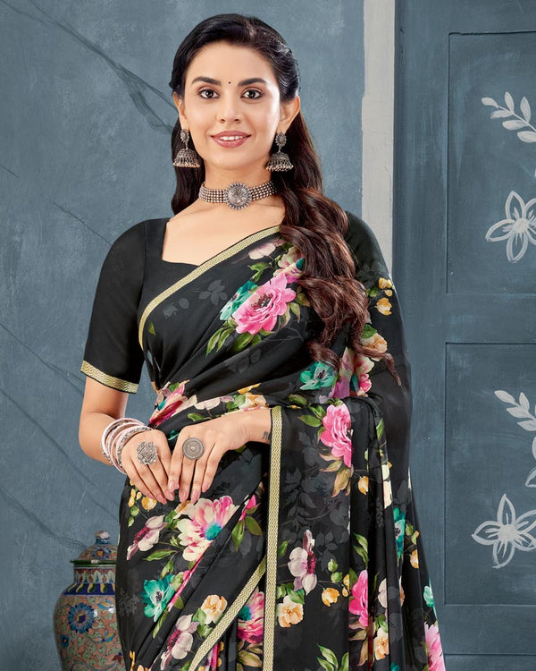 Vishal Prints Black Digital Print Criva Crepe Saree With Weaved Viscose Border