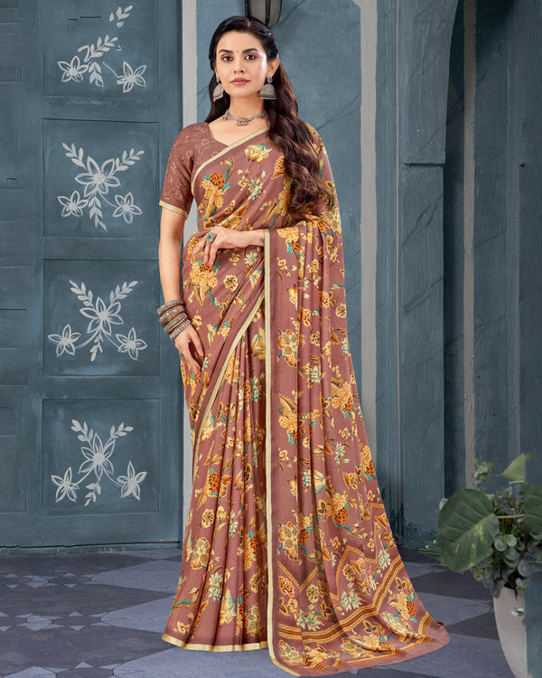 Vishal Prints Pastel Brown Digital Print Criva Crepe Saree With Weaved Viscose Border